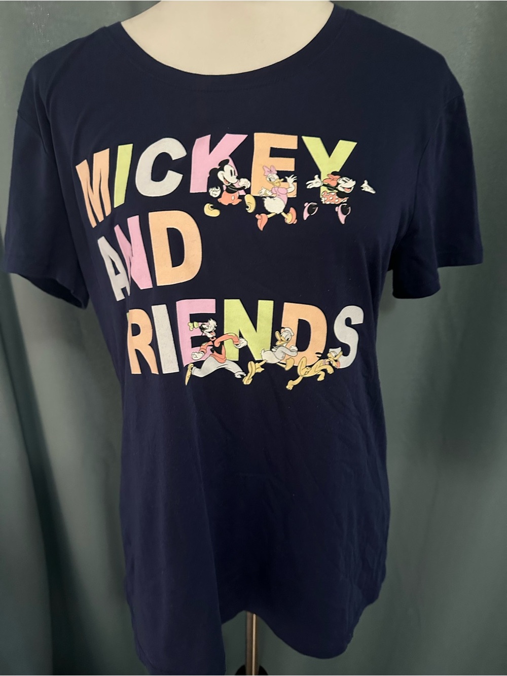 Disney Mickey and Friends Women's T-Shirt L Navy Blue Graphic Tee Double Sided